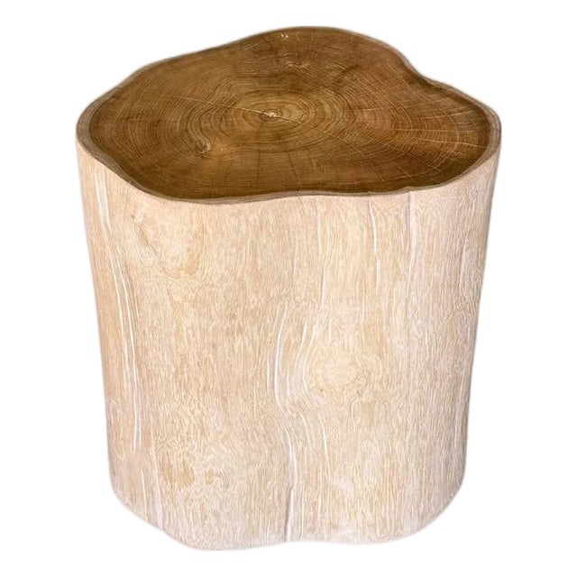 Tree Trunk Side Table Solid Teak Wood Bleached Finish Modern Organic For Sale