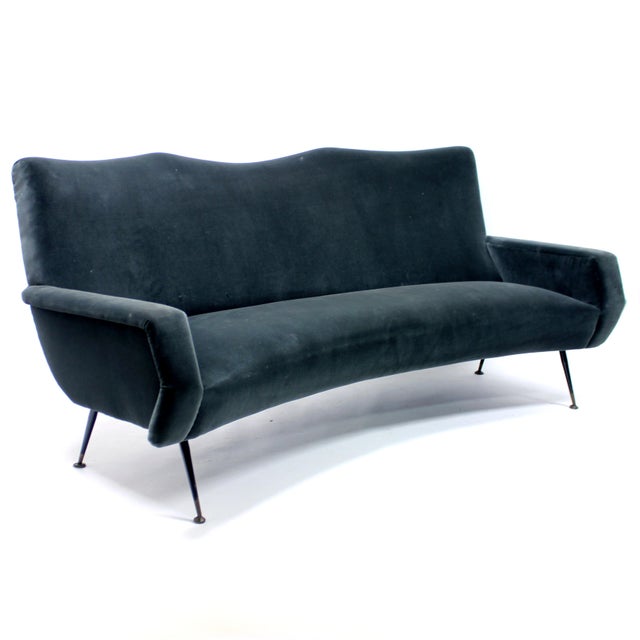 Curved Italian mid-century sofa with dark grey velvet upholstery from the 1950s in the style of Marco Zanuso or Gigi...