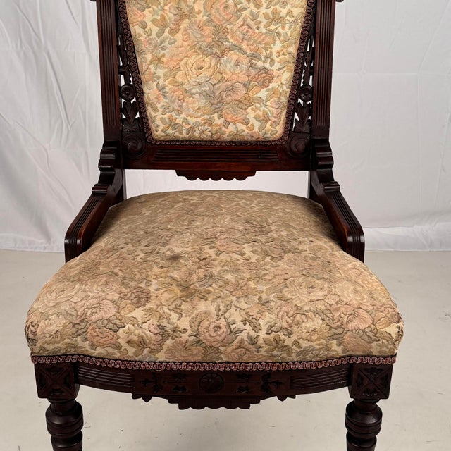 Set of 4 Intricately Carved Eastlake Movement Victorian Dining or Game Chairs, Early 20th Century For Sale - Image 9 of 11
