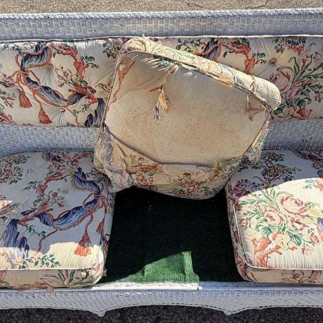 Antique Victorian White Wicker Rattan Sunroom Patio Sofa W/ Loose Cushions For Sale - Image 13 of 18