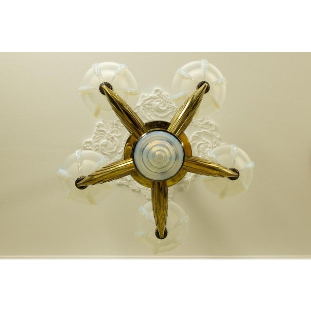 1930s Art Deco Bronze and Opalescent Glass Six-Light Chandelier attributed to Ezan, France For Sale - Image 5 of 18
