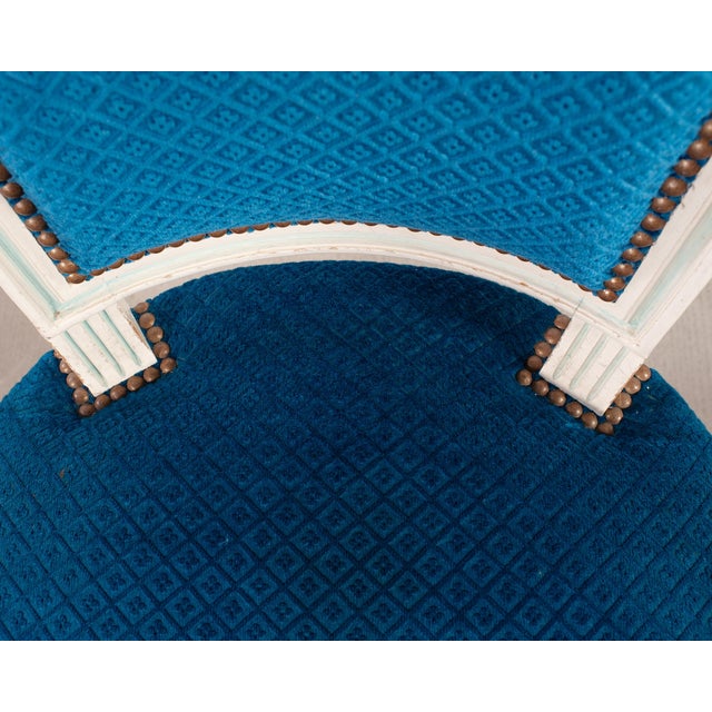 Set of Eight Louis XVI Style Painted Dining Chairs in Blue Velvet For Sale - Image 12 of 18