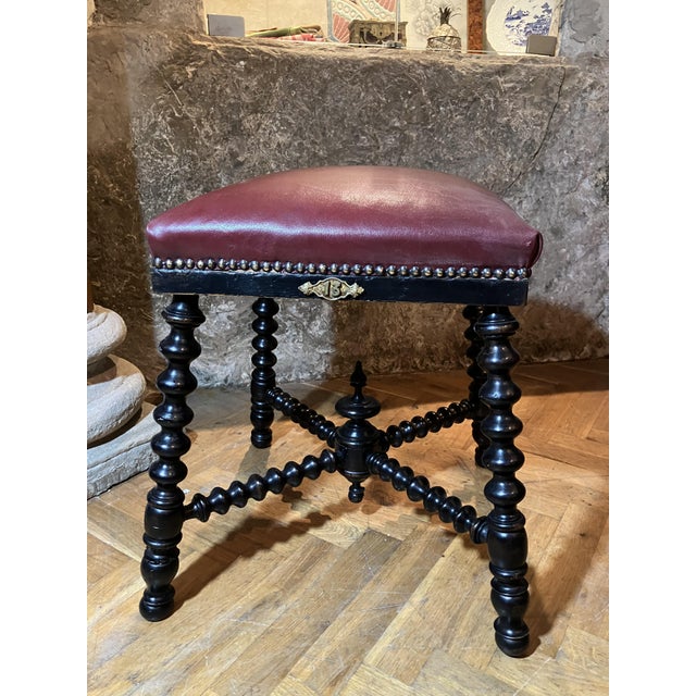 Antique Ebonized Twisted Legs Stools with Burgundy Studded Leather Seats, 1890s, Set of 2 For Sale - Image 4 of 16