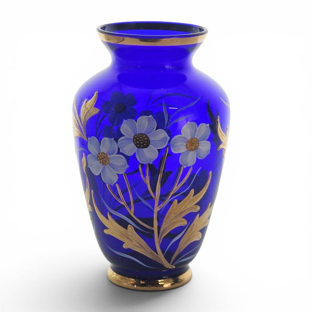Late 20th Century Bohemian Czech Hand-Blown Cobalt Blue Enamel & Fire-Gilt Cabinet Vase 8" For Sale - Image 5 of 17