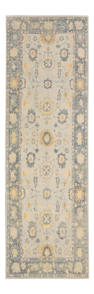 Long Modern Gray Turkish Oushak Handmade Floral Gallery Wool Runner