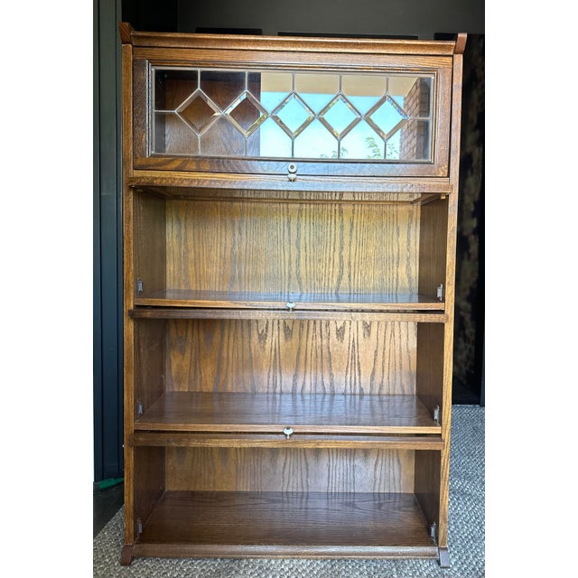 Mid Century Oak Wood Barrister Bookcase Lawyers Four Shelves Glass Doors Antique Vintage For Sale - Image 4 of 12