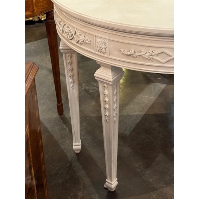 Wood Pair of French Louis XVI Design Neo-Classical Carved and Painted Demi-Lune Consoles For Sale - Image 7 of 11