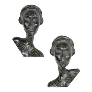 MCM to Art Deco Style Ebonized Oak Carved Female Bust Vintage Wall Sculptures, a Pair For Sale