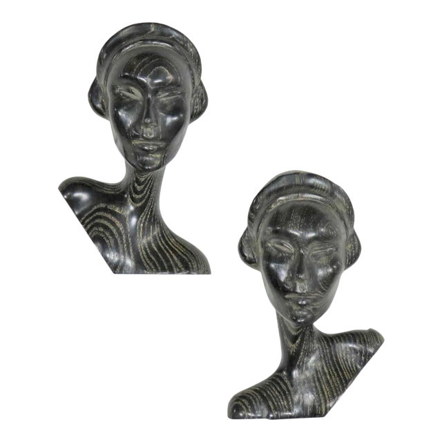 MCM to Art Deco Style Ebonized Oak Carved Female Bust Vintage Wall Sculptures, a Pair For Sale