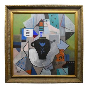 1995 Blue Flower Teapot Painting in Frame Initialed RHB