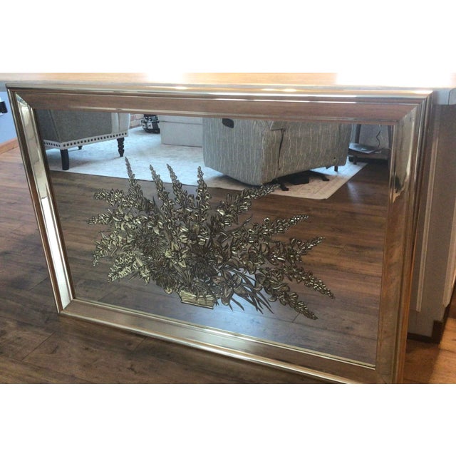 Hollywood Regency Hollywood Regency MCM Large Gold Framed Mirror W Gold Gilt Etched Flower Basket With Gold “Giltwood” Frame, Free White-Delivery Up to 60 Miles For Sale - Image 3 of 7