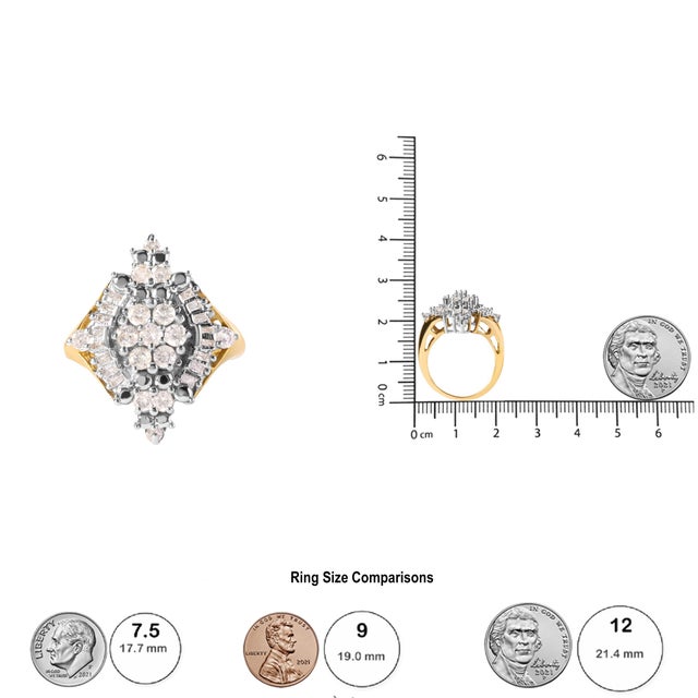 10K Yellow Gold 1 Cttw Round and Baguette cut Diamond Cluster and Rhombus Halo Ring (H-I Color, I1-I2 Clarity) - Ring Size 7 For Sale In New York - Image 6 of 6