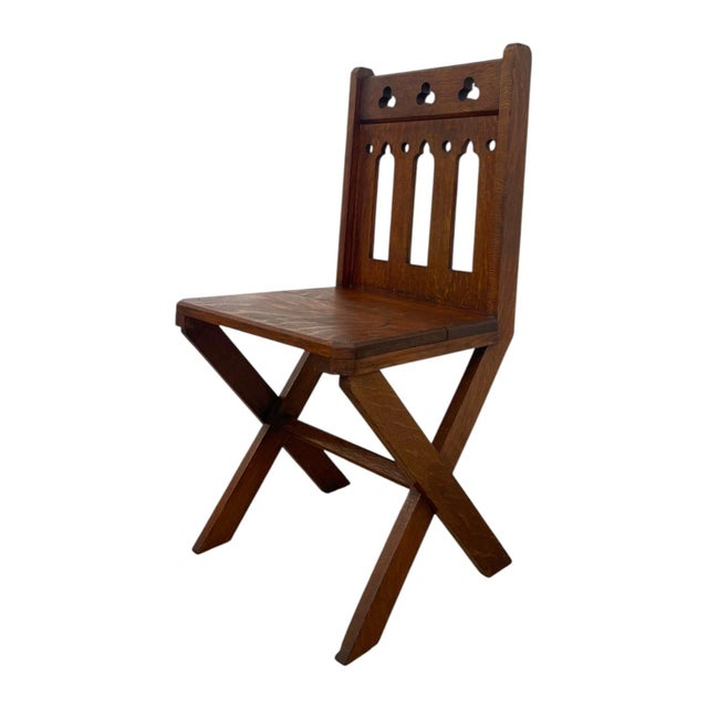 Gothic Antique Gothic Revival Oak X-Frame Accent Chair. For Sale - Image 3 of 10