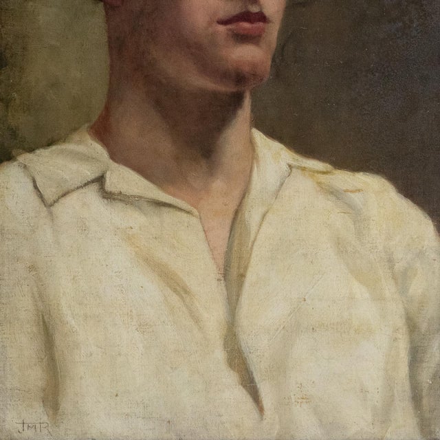 Portraiture Captivating Portrait of a Man in a White Shirt, Vintage Original Oil Painting, C. 1930s For Sale - Image 3 of 10