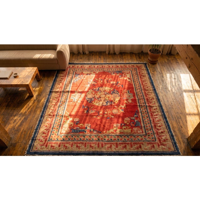 1890s Orange Medallion Qing Antique Chinese Bao Tou Rug 5'3" X 7'9" Handknotted Wool Carpet For Sale In New York - Image 6 of 8