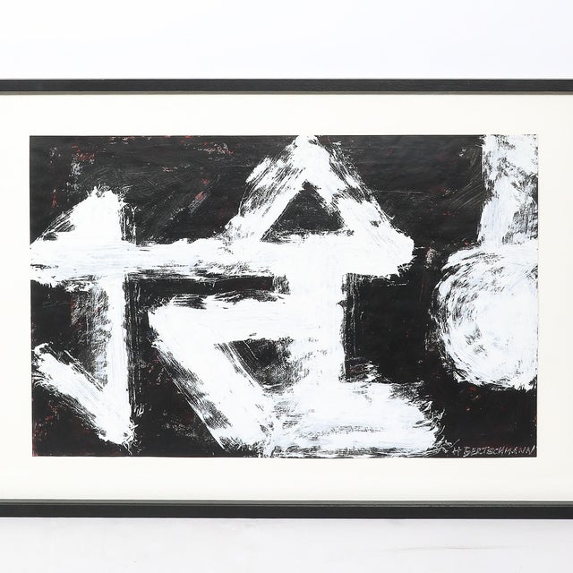 This striking Mid-Century Modernist black-and-white gestural abstraction, executed in acrylic on paper by renowned...