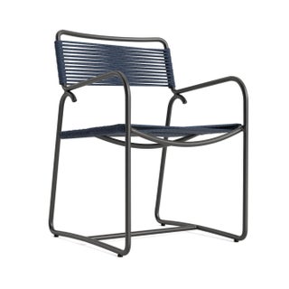 Brown Jordan Walter Lamb Aluminum Arm Chair, Textured Pewter frame with Marine fabric For Sale