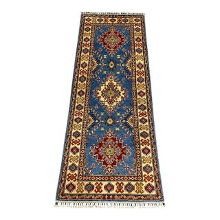 Blue and Cream Kazak Wool Runner Rug With Tribal Medallions, 2'8" X 6'11" For Sale