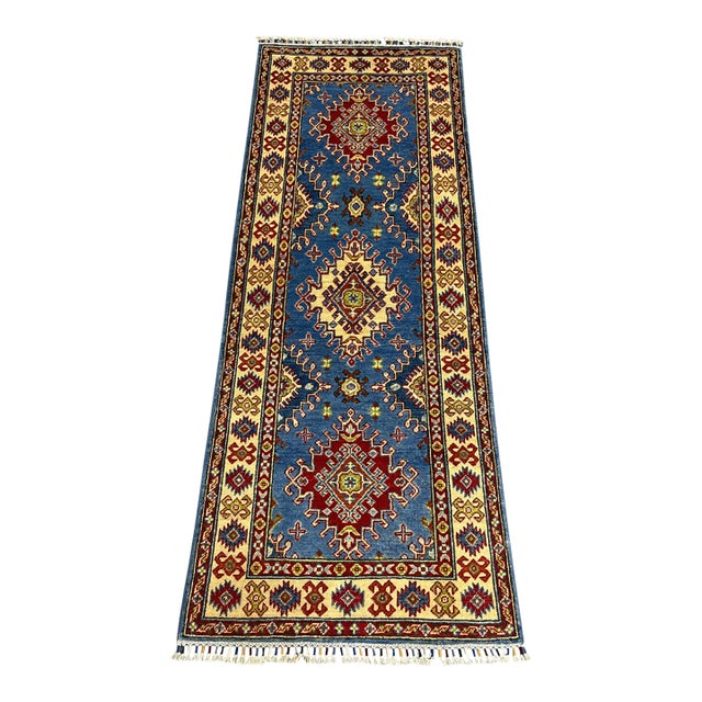 Blue and Cream Kazak Wool Runner Rug With Tribal Medallions, 2'8" X 6'11" For Sale