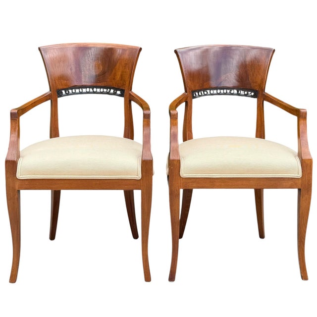 Beautiful pair of William Switzer Biedermeier armchairs, handcrafted in Spain and finished and upholstered in Canada....