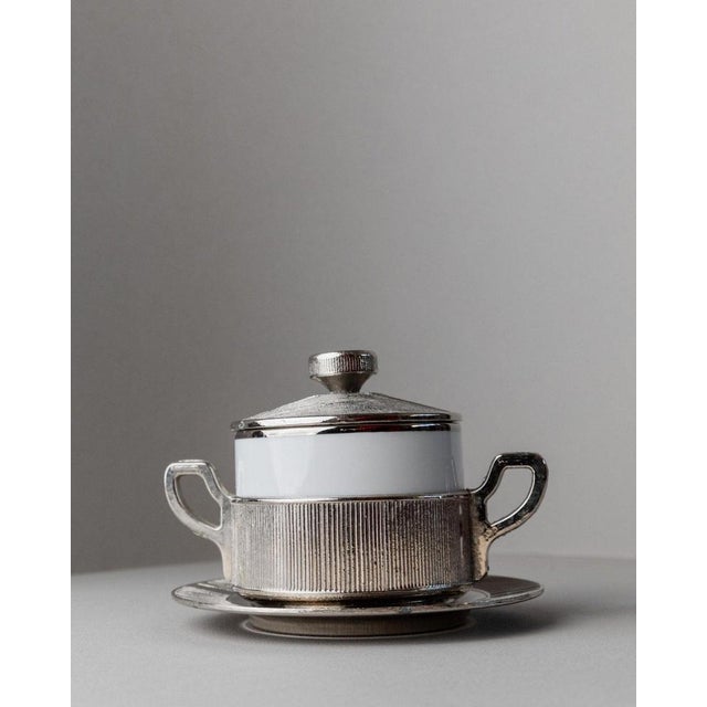 Vintage Silver-Plated Lidded Porcelain Bowl with Tray, Italy, 1950s, Set of 2 For Sale - Image 6 of 13
