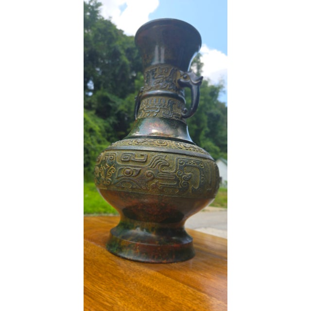 Metal Vintage Chinese-Style Archaistic Bronze Hu Vase With Elephant Head Handles, Patinated Finish For Sale - Image 7 of 18