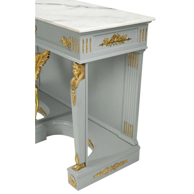 Maitland - Smith Neoclassical Empire Marble Topped Ormolu Mounted Gray and Giltwood Console Tables, Pair For Sale - Image 4 of 5