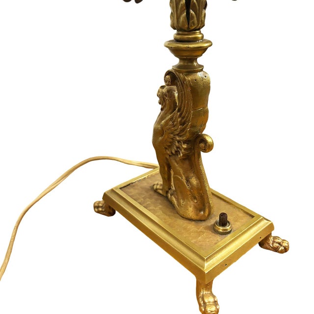 1930 Hollywood Regency Cast Bronze Scrolling Griffin Table Lamp W/ Lamp Shade For Sale - Image 11 of 11