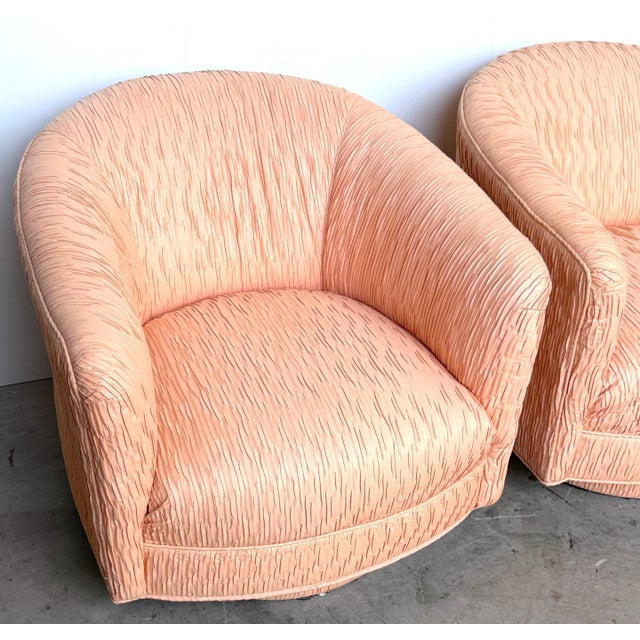 Pair of Diminutive 1970s Pink Silk Channel-Quilted Swivel Club Chairs For Sale - Image 9 of 15
