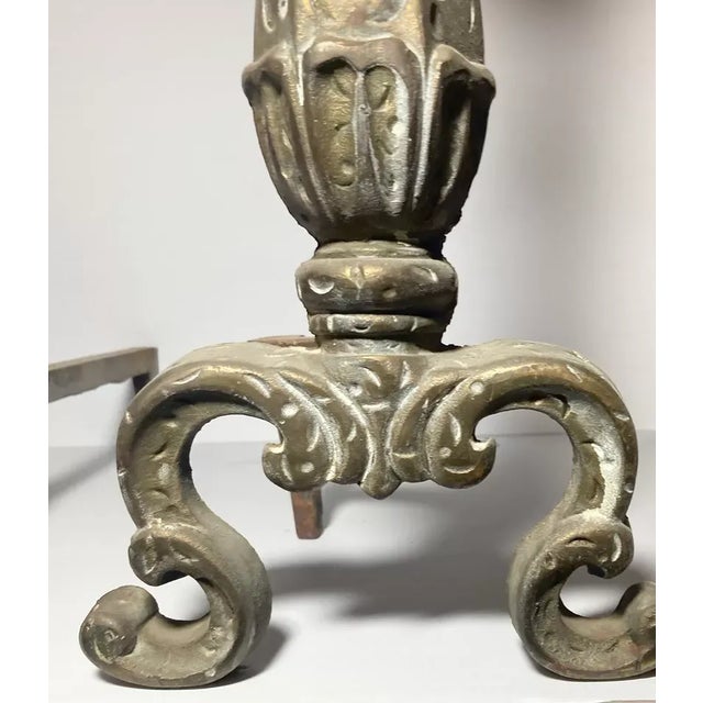 Art Deco 1920s Pair of Cast Iron Hammered Bronzed Fireplace Andirons Cannonball Crown For Sale - Image 3 of 7
