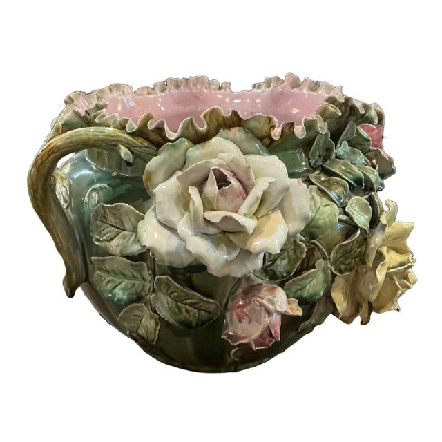 Beautiful, large, Circa 1900 majolica jardiniere. The rim is scalloped or ruffled with prominent hand-applied roses in...