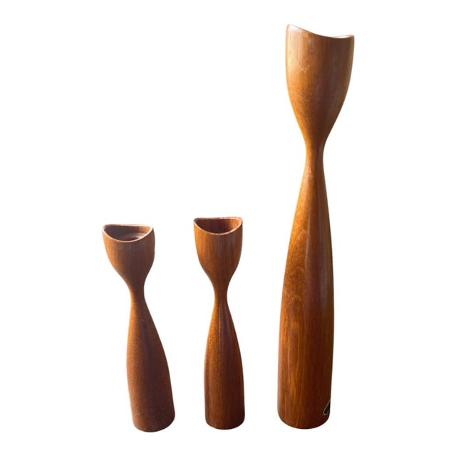 Vintage Danish Modern Sculptural Teak Candle Holders – Set of 3 For Sale In Milwaukee - Image 6 of 6
