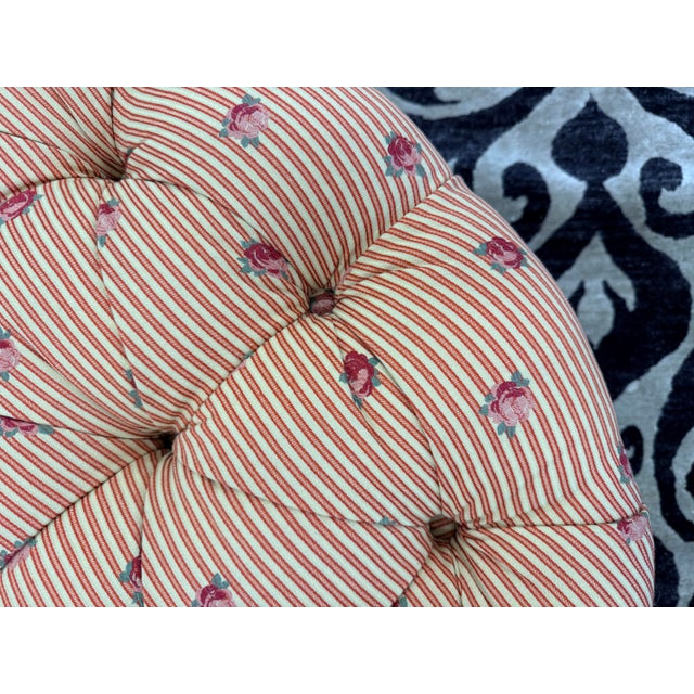 Connecticut Home Interiors Custom Floral and Striped Upholstered Round Tufted Ottoman For Sale - Image 4 of 5