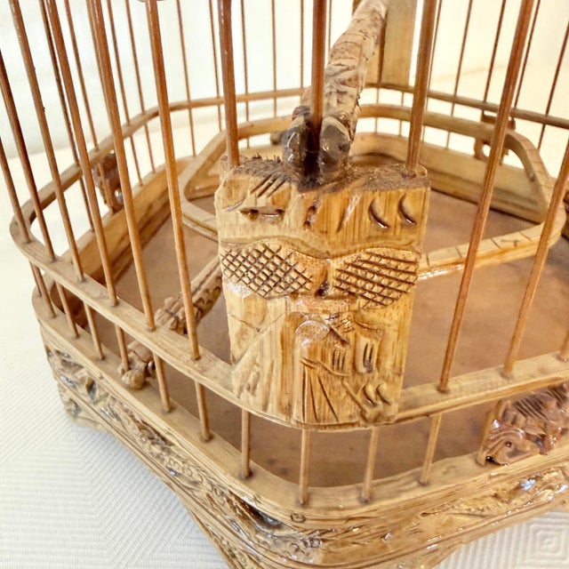 Vintage Chinese Bamboo Hexagon Songbird Cage With Porcelain Seed Cups For Sale In Raleigh - Image 6 of 8