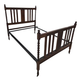 French Antique Full Size Bedframe, Barley Twist With Original Iron Castors and Rails For Sale