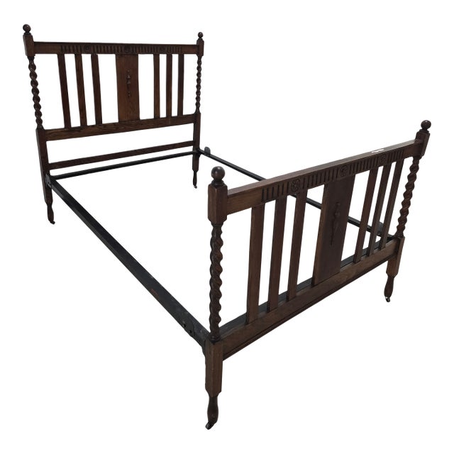 French Antique Full Size Bedframe, Barley Twist With Original Iron Castors and Rails For Sale