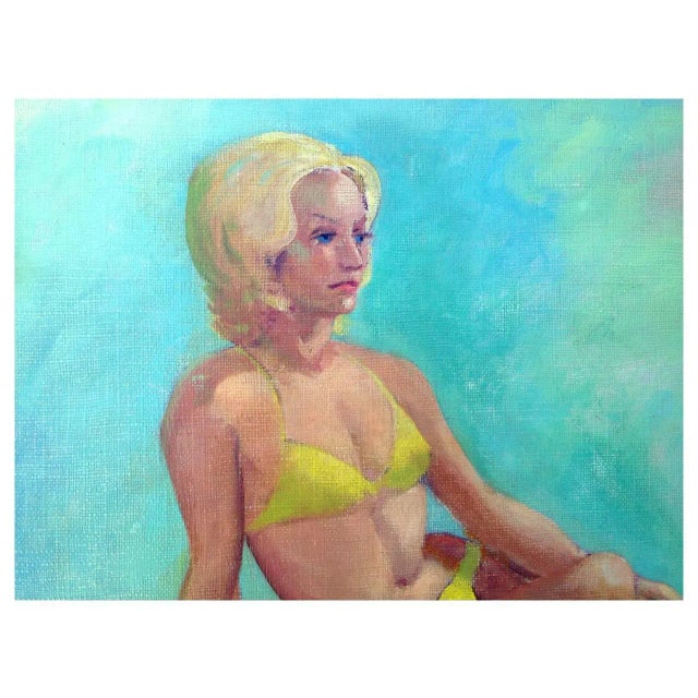 Oil painting of a woman bathing in the California sun by listed California artist Jon Blanchette (American, 1908-1987)....
