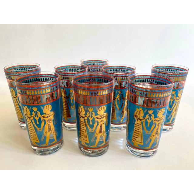 Vintage 1960's Mid Century Modern Egyptian Revival Gold Leaf Highball Tumbler Glasses - Set of 8 For Sale - Image 9 of 13
