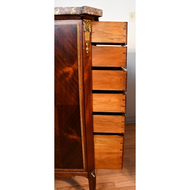 1900s Pair Antique French Louis XV Walnut & Satinwood Marble Top Lingerie Stands For Sale - Image 9 of 12