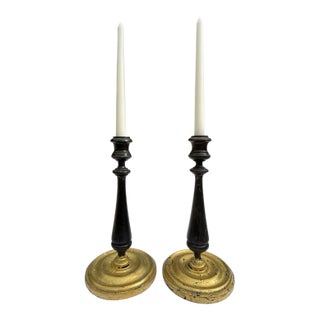 Vintage Wood and Gold Leaf Applications Tall Candleholders For Sale