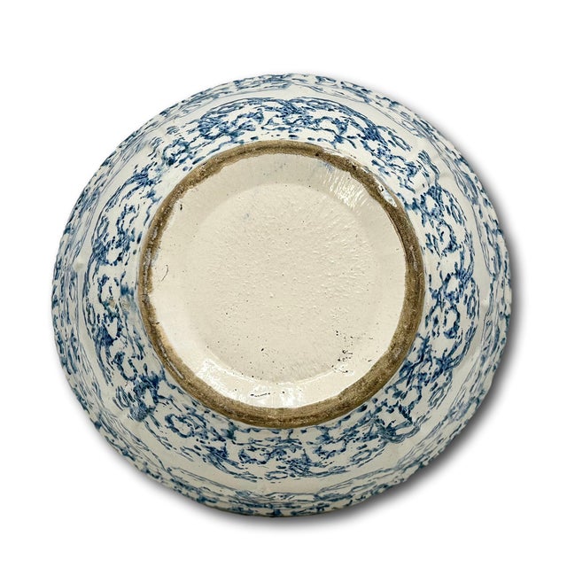Beautiful Large 12 Inch Size Antique American Blue Spongeware Decorated Stoneware Kitchen Mixing Bowl - 1890s For Sale In Boston - Image 6 of 18
