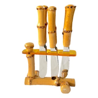 Vintage Midcentury Solingen Rostfrei Germany Bamboo-Handled Stainless Steel Appetizer or Butter Spreader Knives With Bamboo Stand, Set of 6 For Sale