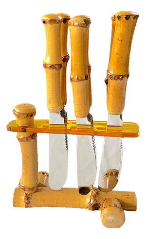 Vintage Midcentury Solingen Rostfrei Germany Bamboo-Handled Stainless Steel Appetizer or Butter Spreader Knives With Bamboo Stand, Set of 6