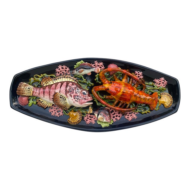 Mid-Century Large Oval Majolica Palissy Fish & Lobster Platter Vallauris For Sale
