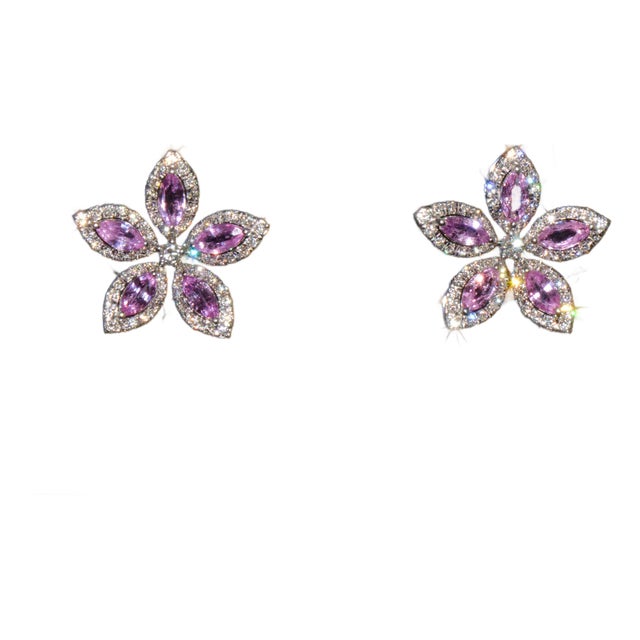 Certified Natural 2.36cts vs F Diamond Pink Sapphire 18k Solid Gold Floral Earrings- 2 Pieces For Sale
