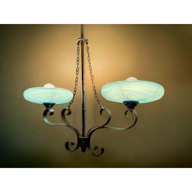 Art Deco Chandelier with Two Opaline Blue Glass Shades, 1940s For Sale - Image 3 of 14