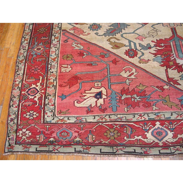 1890s Ivory Red Medallion Antique Persian Heriz Serapi Rug 9'2" X 12'2" Handknotted Wool Carpet For Sale - Image 9 of 13