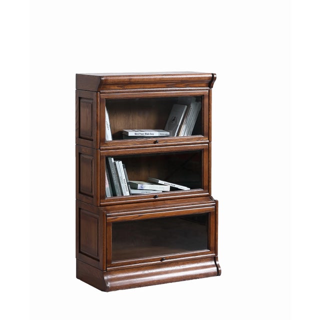Mission 3 Stack Oak Barrister Bookcase - Beveled Glass Walnut For Sale - Image 10 of 14