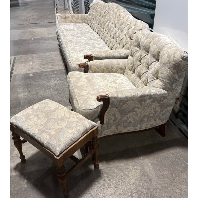 French Provincial Style Tufted Sofa, Chair and Footstool For Sale - Image 6 of 8