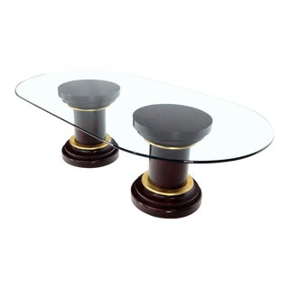 Large Oval Glass Top Two Round Turned Mahogany Pedestal Bases Dining Table For Sale